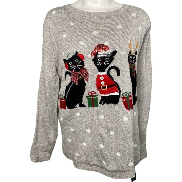 Karen Scott Sweater Top Women's 3X Gray CATS Sequins Holiday Relaxed Cozy NEW - Picture 1 of 14